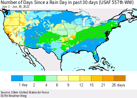 United States Number of Days Since a Rain Day in past 30 days (USAF 557th WW) Thematic Map For 6/26/2022 - 6/30/2022