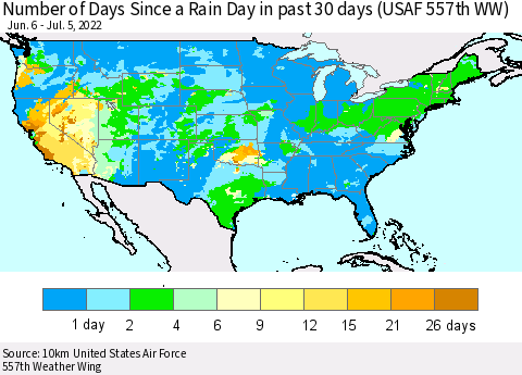 United States Number of Days Since a Rain Day in past 30 days (USAF 557th WW) Thematic Map For 7/1/2022 - 7/5/2022