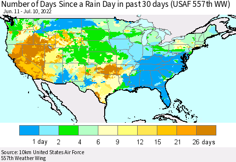 United States Number of Days Since a Rain Day in past 30 days (USAF 557th WW) Thematic Map For 7/6/2022 - 7/10/2022