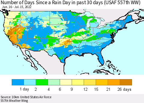 United States Number of Days Since a Rain Day in past 30 days (USAF 557th WW) Thematic Map For 7/11/2022 - 7/15/2022
