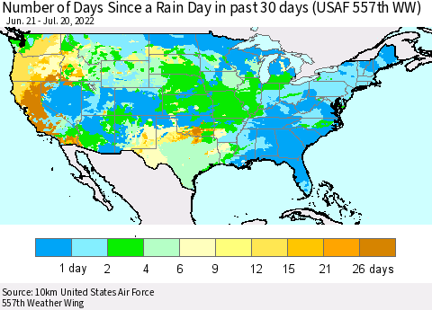 United States Number of Days Since a Rain Day in past 30 days (USAF 557th WW) Thematic Map For 7/16/2022 - 7/20/2022