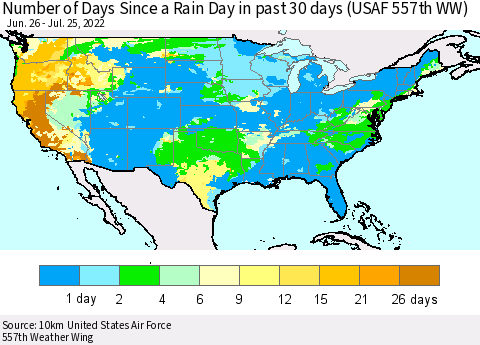 United States Number of Days Since a Rain Day in past 30 days (USAF 557th WW) Thematic Map For 7/21/2022 - 7/25/2022
