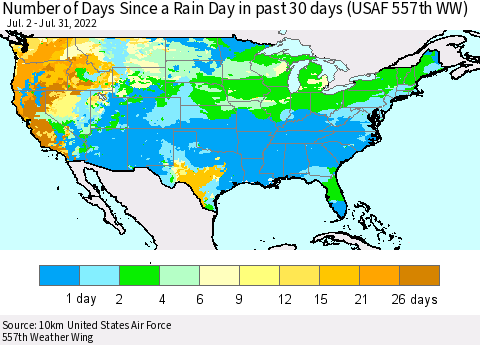 United States Number of Days Since a Rain Day in past 30 days (USAF 557th WW) Thematic Map For 7/26/2022 - 7/31/2022