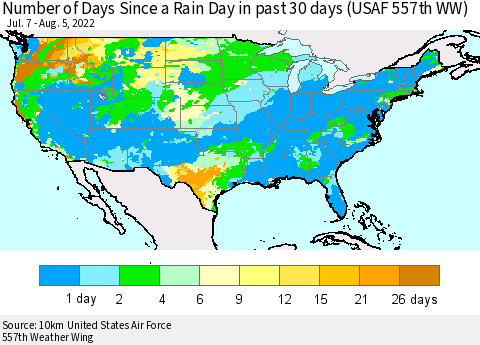 United States Number of Days Since a Rain Day in past 30 days (USAF 557th WW) Thematic Map For 8/1/2022 - 8/5/2022