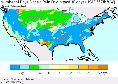 United States Number of Days Since a Rain Day in past 30 days (USAF 557th WW) Thematic Map For 8/6/2022 - 8/10/2022