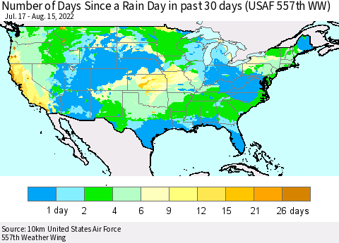 United States Number of Days Since a Rain Day in past 30 days (USAF 557th WW) Thematic Map For 8/11/2022 - 8/15/2022