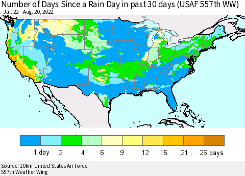 United States Number of Days Since a Rain Day in past 30 days (USAF 557th WW) Thematic Map For 8/16/2022 - 8/20/2022