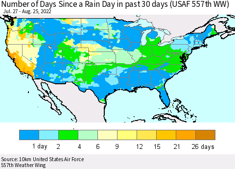 United States Number of Days Since a Rain Day in past 30 days (USAF 557th WW) Thematic Map For 8/21/2022 - 8/25/2022