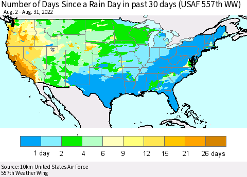 United States Number of Days Since a Rain Day in past 30 days (USAF 557th WW) Thematic Map For 8/26/2022 - 8/31/2022