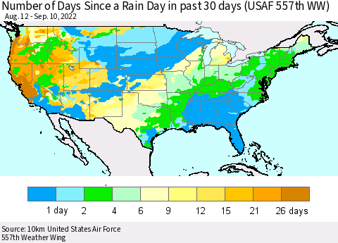 United States Number of Days Since a Rain Day in past 30 days (USAF 557th WW) Thematic Map For 9/6/2022 - 9/10/2022