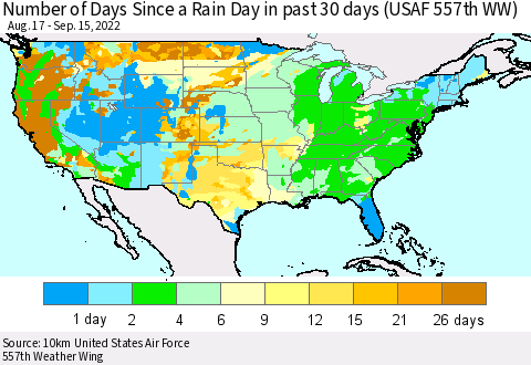 United States Number of Days Since a Rain Day in past 30 days (USAF 557th WW) Thematic Map For 9/11/2022 - 9/15/2022