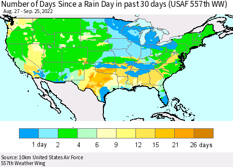 United States Number of Days Since a Rain Day in past 30 days (USAF 557th WW) Thematic Map For 9/21/2022 - 9/25/2022