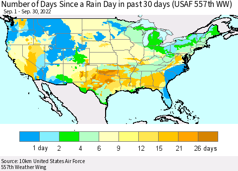 United States Number of Days Since a Rain Day in past 30 days (USAF 557th WW) Thematic Map For 9/26/2022 - 9/30/2022