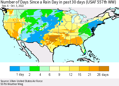 United States Number of Days Since a Rain Day in past 30 days (USAF 557th WW) Thematic Map For 10/1/2022 - 10/5/2022