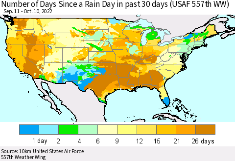 United States Number of Days Since a Rain Day in past 30 days (USAF 557th WW) Thematic Map For 10/6/2022 - 10/10/2022
