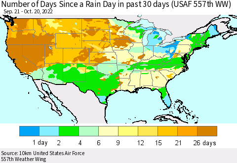 United States Number of Days Since a Rain Day in past 30 days (USAF 557th WW) Thematic Map For 10/16/2022 - 10/20/2022