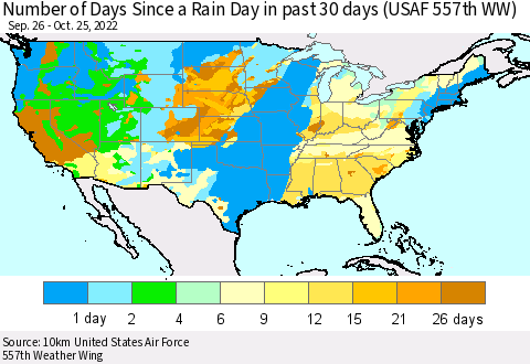 United States Number of Days Since a Rain Day in past 30 days (USAF 557th WW) Thematic Map For 10/21/2022 - 10/25/2022