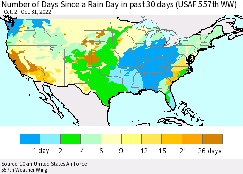 United States Number of Days Since a Rain Day in past 30 days (USAF 557th WW) Thematic Map For 10/26/2022 - 10/31/2022