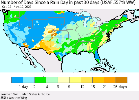 United States Number of Days Since a Rain Day in past 30 days (USAF 557th WW) Thematic Map For 11/6/2022 - 11/10/2022