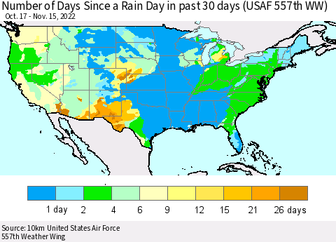 United States Number of Days Since a Rain Day in past 30 days (USAF 557th WW) Thematic Map For 11/11/2022 - 11/15/2022