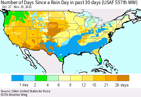 United States Number of Days Since a Rain Day in past 30 days (USAF 557th WW) Thematic Map For 11/21/2022 - 11/25/2022