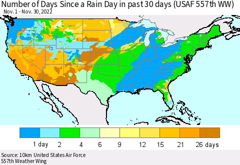 United States Number of Days Since a Rain Day in past 30 days (USAF 557th WW) Thematic Map For 11/26/2022 - 11/30/2022