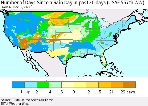 United States Number of Days Since a Rain Day in past 30 days (USAF 557th WW) Thematic Map For 12/1/2022 - 12/5/2022
