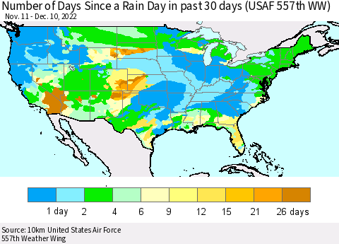 United States Number of Days Since a Rain Day in past 30 days (USAF 557th WW) Thematic Map For 12/6/2022 - 12/10/2022