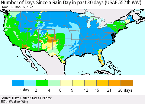 United States Number of Days Since a Rain Day in past 30 days (USAF 557th WW) Thematic Map For 12/11/2022 - 12/15/2022