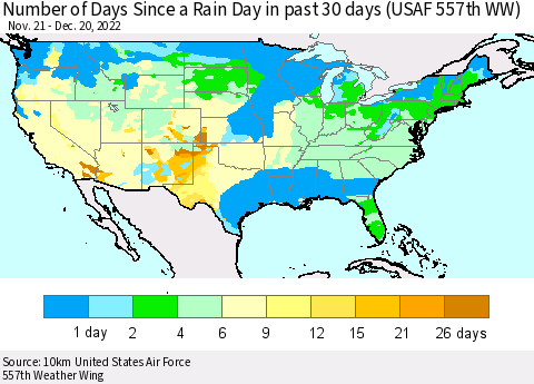 United States Number of Days Since a Rain Day in past 30 days (USAF 557th WW) Thematic Map For 12/16/2022 - 12/20/2022