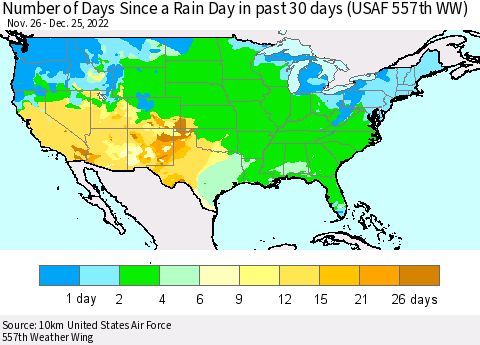 United States Number of Days Since a Rain Day in past 30 days (USAF 557th WW) Thematic Map For 12/21/2022 - 12/25/2022