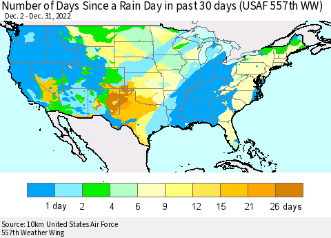 United States Number of Days Since a Rain Day in past 30 days (USAF 557th WW) Thematic Map For 12/26/2022 - 12/31/2022