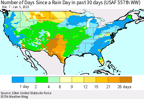 United States Number of Days Since a Rain Day in past 30 days (USAF 557th WW) Thematic Map For 1/1/2023 - 1/5/2023