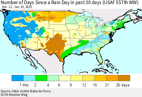 United States Number of Days Since a Rain Day in past 30 days (USAF 557th WW) Thematic Map For 1/6/2023 - 1/10/2023