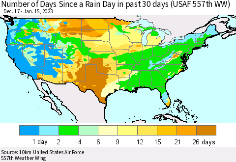United States Number of Days Since a Rain Day in past 30 days (USAF 557th WW) Thematic Map For 1/11/2023 - 1/15/2023