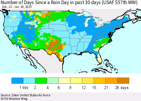 United States Number of Days Since a Rain Day in past 30 days (USAF 557th WW) Thematic Map For 1/16/2023 - 1/20/2023