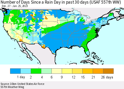 United States Number of Days Since a Rain Day in past 30 days (USAF 557th WW) Thematic Map For 1/21/2023 - 1/25/2023