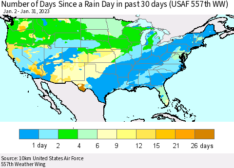 United States Number of Days Since a Rain Day in past 30 days (USAF 557th WW) Thematic Map For 1/26/2023 - 1/31/2023