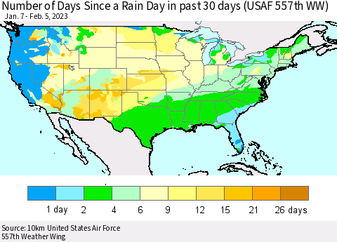 United States Number of Days Since a Rain Day in past 30 days (USAF 557th WW) Thematic Map For 2/1/2023 - 2/5/2023