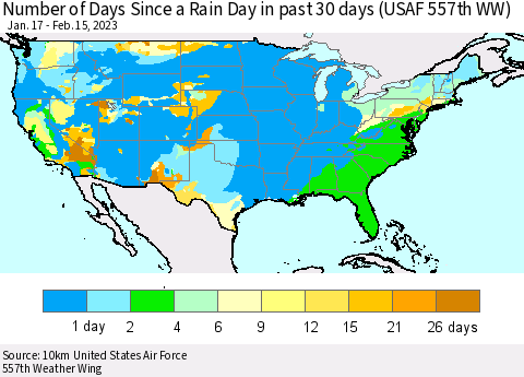 United States Number of Days Since a Rain Day in past 30 days (USAF 557th WW) Thematic Map For 2/11/2023 - 2/15/2023