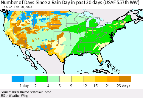 United States Number of Days Since a Rain Day in past 30 days (USAF 557th WW) Thematic Map For 2/16/2023 - 2/20/2023