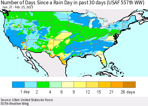 United States Number of Days Since a Rain Day in past 30 days (USAF 557th WW) Thematic Map For 2/21/2023 - 2/25/2023