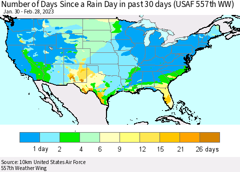 United States Number of Days Since a Rain Day in past 30 days (USAF 557th WW) Thematic Map For 2/26/2023 - 2/28/2023