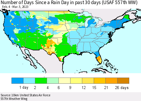 United States Number of Days Since a Rain Day in past 30 days (USAF 557th WW) Thematic Map For 3/1/2023 - 3/5/2023