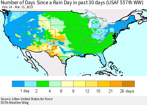 United States Number of Days Since a Rain Day in past 30 days (USAF 557th WW) Thematic Map For 3/11/2023 - 3/15/2023