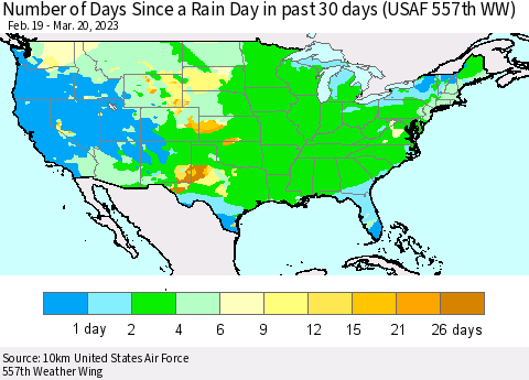 United States Number of Days Since a Rain Day in past 30 days (USAF 557th WW) Thematic Map For 3/16/2023 - 3/20/2023