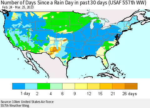 United States Number of Days Since a Rain Day in past 30 days (USAF 557th WW) Thematic Map For 3/21/2023 - 3/25/2023