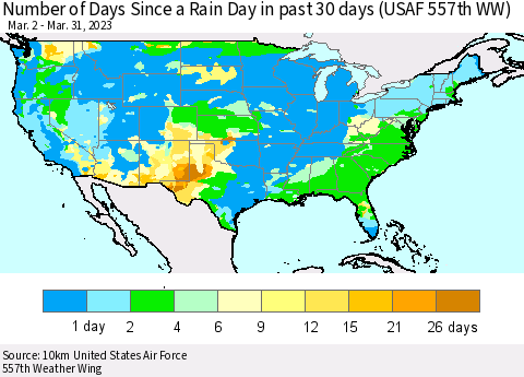 United States Number of Days Since a Rain Day in past 30 days (USAF 557th WW) Thematic Map For 3/26/2023 - 3/31/2023