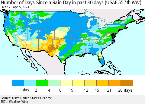 United States Number of Days Since a Rain Day in past 30 days (USAF 557th WW) Thematic Map For 4/1/2023 - 4/5/2023