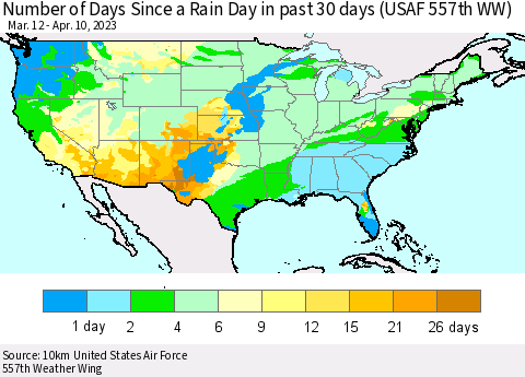 United States Number of Days Since a Rain Day in past 30 days (USAF 557th WW) Thematic Map For 4/6/2023 - 4/10/2023